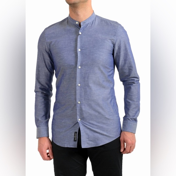 Boss Jordi Blue Slim Fit Collarless Long Sleeve Dress Shirt - Picture 1 of 9